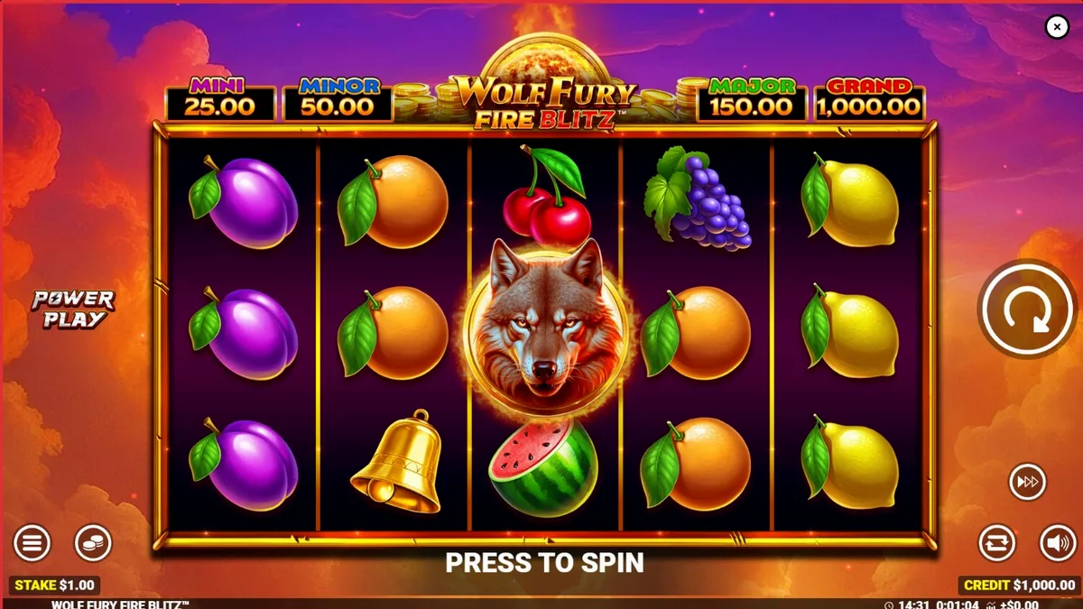 Tampilan visual slot Wolf Fury Fire Blitz dengan simbol buah dan serigala